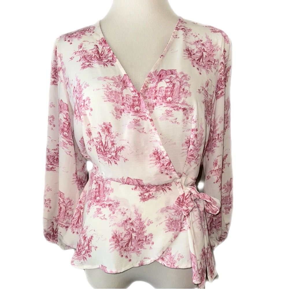 Pink Toile Wrap Blouse with Side Tie